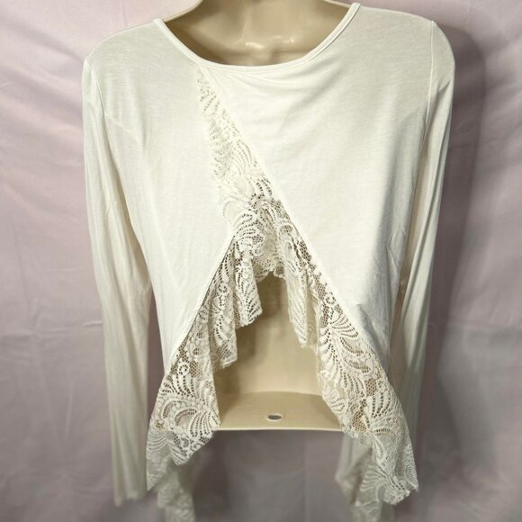 Women's White Long-Sleeve Top with Lace Backing Crossed Cut Split - Picture 1 of 6